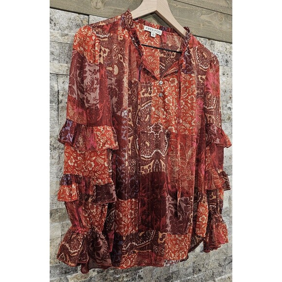 Frye Womens Tunic Top Patchwork Ruffled Long Sleeve Chiffon Peasant Boho Large - Picture 6 of 16